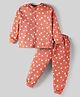 Teddy Interlock Knit Full Sleeves Front Open Co-Ord Night Suit with Birds Print - Brown