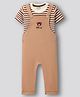 Bonfino 100% Cotton Knit Half Sleeves T-Shirt & Dungaree With Stripes & Bear Embroidery Applique - Brown and White