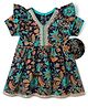 EARTHY TOUCH Single Jersey Knit Half Sleeves Floral Printed Ethnic Dress with Lace Detailing & Frill Detailing - Navy Blue