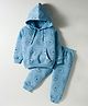 Teddy Fleece Knit Full Sleeves Hooded Winter Wear Suit Set With Kangaroo Pockets & Teddy Print - Light Blue