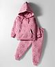 Teddy Fleece Knit Full Sleeves Hooded Winter Wear Suit Set With Kangaroo Pockets & Teddy Print - Pink