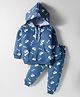 Teddy Fleece Knit Full Sleeves Hooded Winter Wear Suit Set With Kangaroo Pockets & Vehicle Print - Blue