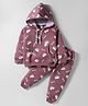 Teddy Fleece Knit Full Sleeves Hooded Winter Wear Suit Set With Kangaroo Pockets & Vehicle Print - Rose Gold