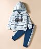 Teddy Fleece Knit Full Sleeves Hooded Winter Wear Suit Set With Kangaroo Pockets & California Text Print - Blue