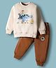 Teddy Fleece Knit Full Sleeves Winter Wear Suit Set With Dino Print - Cream & Brown