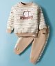 Teddy Fleece Knit Full Sleeves Winter Wear Suit Set With Car Print - Cream & Tan