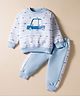 Teddy Fleece Knit Full Sleeves Winter Wear Suit Set With Car Print - Light Blue & White