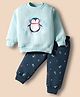 Teddy Fleece Knit Full Sleeves Winter Wear Night Suit With Penguin Print - Light Blue