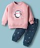 Teddy Fleece Knit Full Sleeves Winter Wear Night Suit With Penguin Print - Pink