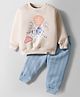 Teddy Fleece Knit Full Sleeves Winter Wear Suit Set With Dog Print - Light Blue & Cream