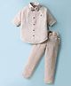 Rikidoos Cotton Woven Full Sleeves Checked Shirt & Trousers With Bow & Suspender Set - White & Beige