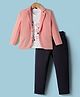 Rikidoos Open Your Mind Text Printed Tee & Pant With Full Sleeves Textured Blazer Set - Pink & Dark Grey