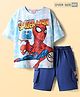 Pine Kids Marvel Single Jersey Knit Half Sleeves Drop Shoulder T-Shirt & Short Set with Spider-Man Graphics - Blue
