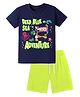 KAVEE Pure Cotton Knit Half Sleeves Sea Life Printed Biowashed Tee & Shorts Set - Navy Blue & Neon Green