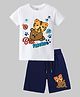 KAVEE Pure Cotton Knit Half Sleeves Baby Animals Printed Biowashed Tee & Shorts Set - White & Navy Blue