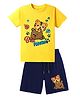 KAVEE Pure Cotton Knit Half Sleeves Baby Animals Printed Biowashed Tee & Shorts Set - Yellow & Navy Blue