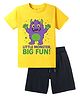 KAVEE Pure Cotton Knit Half Sleeves Little Monster Big Fun Text Printed Biowashed Tee & Shorts Set - Yellow & Black