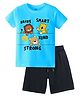 KAVEE Pure Cotton Knit Half Sleeves Baby Animals Printed Biowashed Tee & Shorts Set - Blue & Black