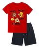 KAVEE Pure Cotton Knit Half Sleeves Baby Animals Printed Biowashed Tee & Shorts Set - Red & Black