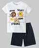 KAVEE Pure Cotton Knit Half Sleeves Baby Animals Printed Biowashed Tee & Shorts Set - White & Black