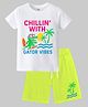 KAVEE Pure Cotton Knit Half Sleeves Beach Theme Printed Biowashed Tee & Shorts Set - White & Neon Green