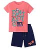KAVEE Pure Cotton Knit Half Sleeves Fantastic Me Text Printed Biowashed Tee & Shorts Set - Peach & Navy Blue
