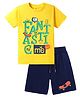 KAVEE Pure Cotton Knit Half Sleeves Fantastic Me Text Printed Bio Washed Tee & Shorts Set - Yellow & Navy Blue