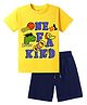 KAVEE Pure Cotton Knit Half Sleeves One Of A Kind Text Printed Biowashed Tee & Shorts Set - Navy Blue & Yellow