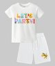 KAVEE Pure Cotton Knit Half Sleeves Lets Party Text Printed Biowashed Tee & Shorts Set - White