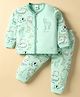 Mini Donuts Sinker Knit Full Sleeves Co-ord Night Suit with Animal Print - Sea Green