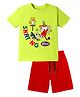 KAVEE Pure Cotton Knit Half Sleeves Skating Text Printed Biowashed Tee & Shorts Set - Neon Green & Red