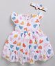 Snuggly MONKEY Seersucker Woven Cap Sleeves Hearts Printed Lace Detailed Tiered Dress With Headband - White