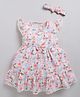Snuggly MONKEY Seersucker Woven Cap Sleeves Floral Printed Lace Detailed Tiered Dress With Headband - White