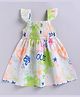 Snuggly MONKEY Poplin Woven Flutter Sleeves Smocked Typography Printed Dress - Multi Colour