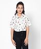TeenTrums Rayon Knit Half Sleeves Checked & Mushrooms Printed Shirt Style Crop Top - White