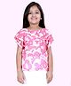 Kiddopanti Georgette Woven Half Sleeves Abstract Printed Pom Pom Embellished Top - Pink