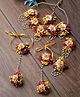 ZENEME Gota Patti Haldi Set with Maang Tikka, Earrings & Ribbon Tie Hathphool with Pearl Ring Chain-59 g