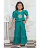 Lei-Chie Woven Half Puffed Sleeves Mandala Embroidered Mirror Work Detailed Top & Palazzo Set - Green