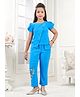 Lei-Chie Viscose Rayon Woven Half Puffed Sleeves Floral Embroidered Coordinating Top & Pant Set - Blue