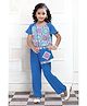 Lei-Chie Viscose Rayon Woven Half Bell Sleeves Geometric Embroidered Top & Pant With Purse Set - Blue