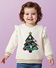 Babyoye 100% Cotton Knit Full Sleeves Pullover Sweatshirt with Christmas Tree & Frill Detailing - White