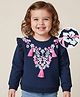 Babyoye 100% Cotton Knitted inside Brushed Fleeced Full Sleeves Sweatshirt with Floral Puff Print and Tassels  Navy Blue