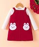 Mark & Mia Cotton Blend Full Sleeves Winter Frock Pinafore Style with Bunny Patch - Red & White