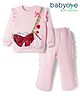 Babyoye 100% Cotton Knit Full Sleeves Winter Wear T-Shirt & Lounge Pant Set With Sequin Detailing & Bow Print - Pink