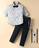 Dapper Dudes Full Sleeves Leaves Printed Shirt Pant With Bow & Suspender Set - Navy Blue