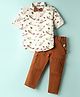 Dapper Dudes Full Sleeves Aeroplane Printed Shirt Pant With Bow & Suspender Set - Brown