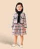 Tiara Cotton Rib Knit Turtle Neck Solid Top & Checked Pleated Skirt With Full Sleeves Coordinating Jacket Set - White