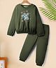 Tiara Interlock Knit Full Sleeves Floral Threadwork Distressed Top & Joggers Set - Olive Green