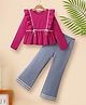 Tiara 100% Cotton Jersey Knit Full Sleeves Frill Detailed & Lace Embellished Top With Bell Bottom Pant Set - Pink