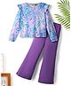 Tiara 100% Cotton Jersey Knit Full Sleeves Frill Detailed & Sea Life Printed Top With Bell Bottom Pant Set - Purple